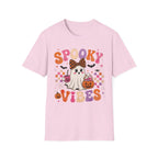 Pink Spooky Vibes Halloween t-shirt with cute kawaii ghost wearing checkered bow, holding pumpkin candy basket and jack-o'-lantern mug