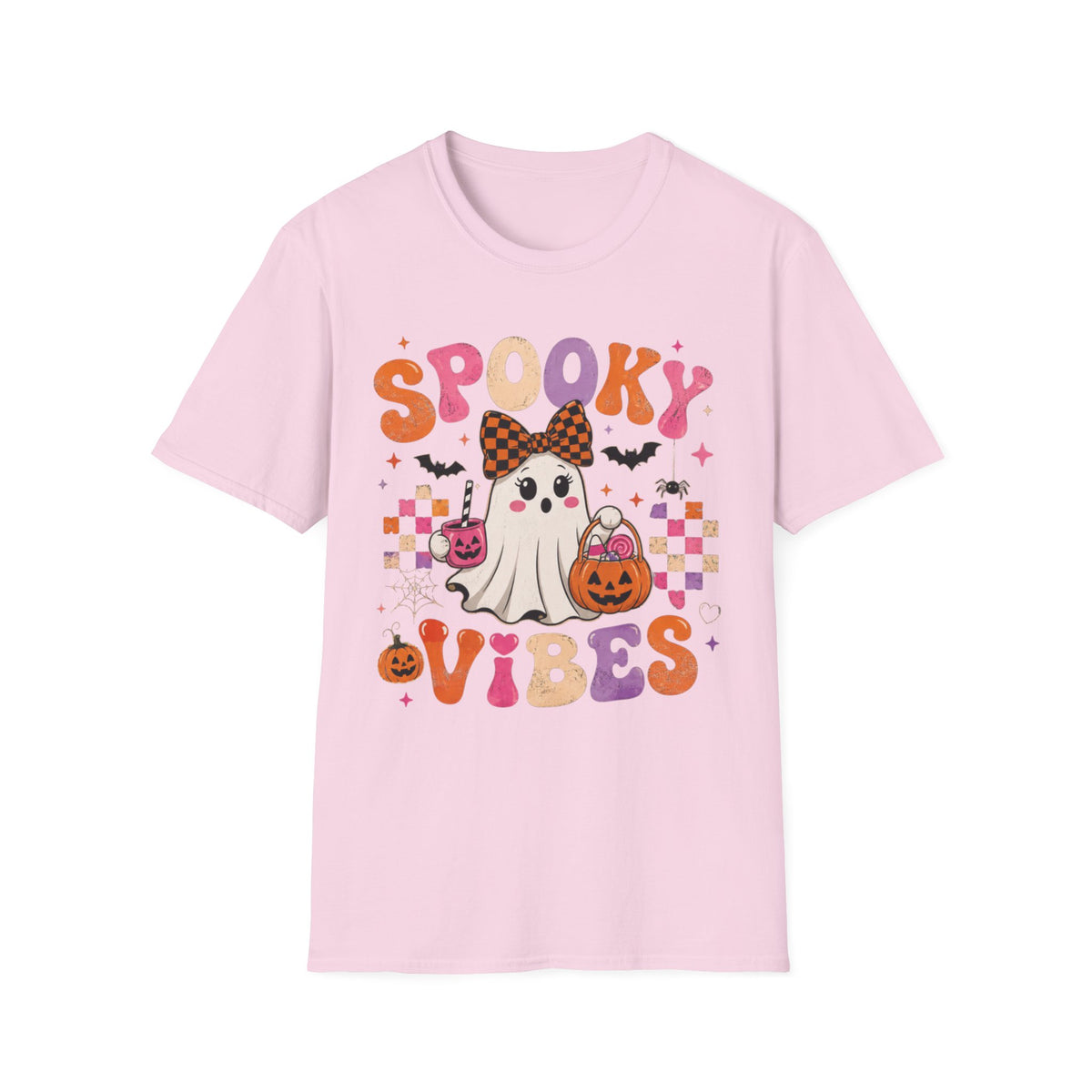 Pink Spooky Vibes Halloween t-shirt with cute kawaii ghost wearing checkered bow, holding pumpkin candy basket and jack-o'-lantern mug