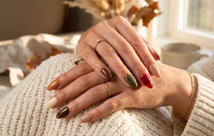 Summer to fall transition nails with warm neutral and autumn colors
